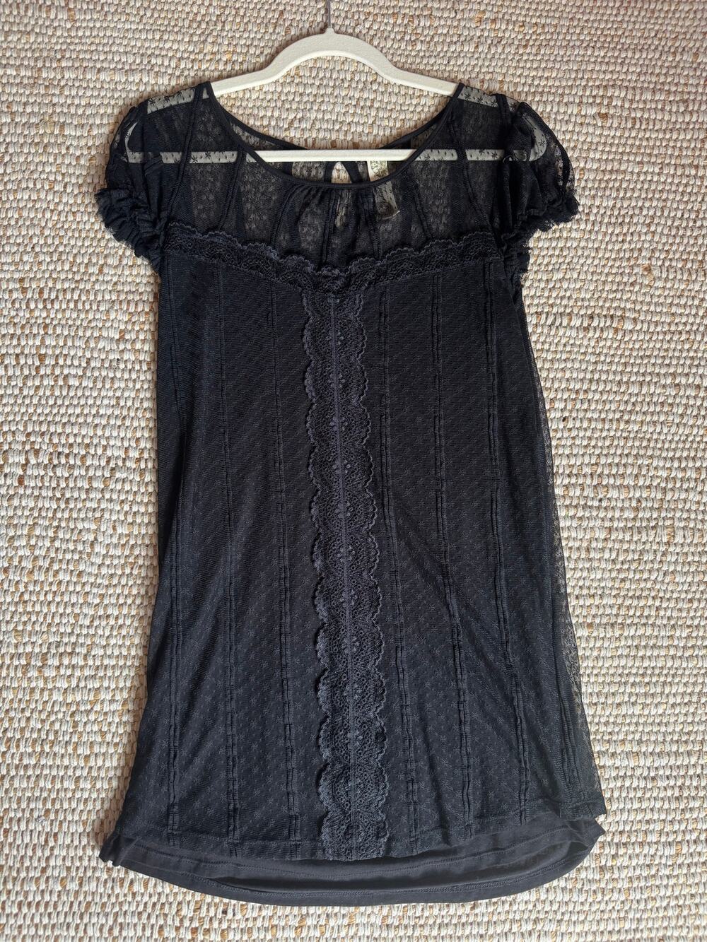 Free People Vintage Black Mesh Lace Boho Coquette Mini Dress L Whimsigoth